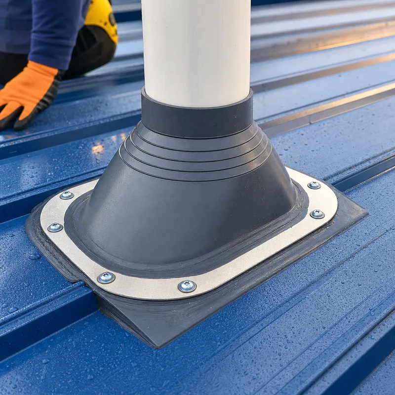 Neatly flashed plumbing vent with a correctly installed boot, sealant, and clean fastener placement