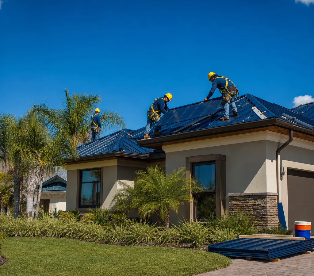 Residential roofing crew installing roofing panels on an Orlando home with safety gear and an organized jobsite