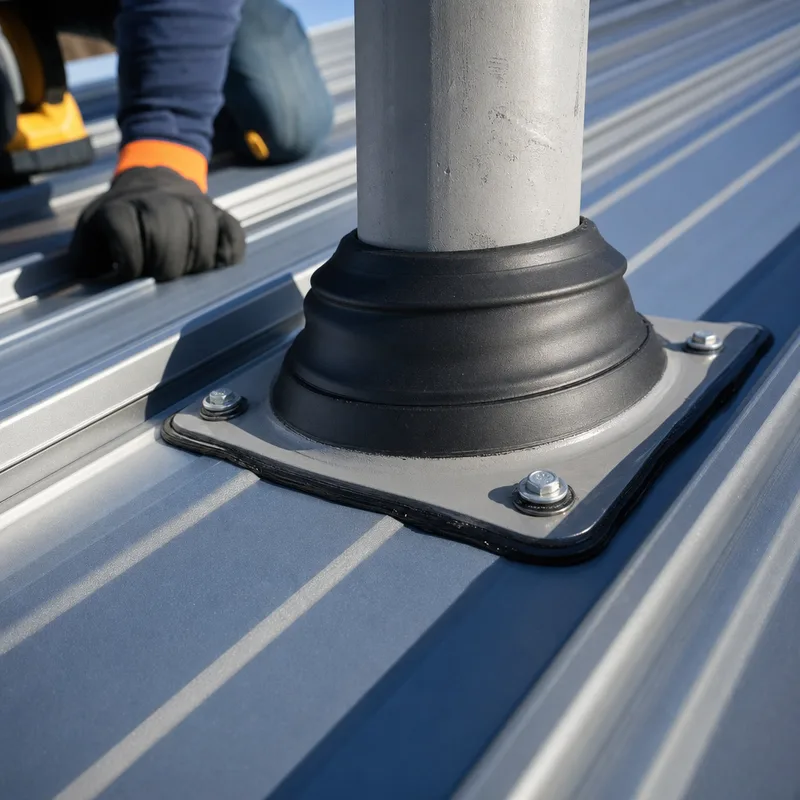 Close-up of metal roof flashing at a pipe penetration with clean sealant lines, correct boot fit, and tidy fastener placement