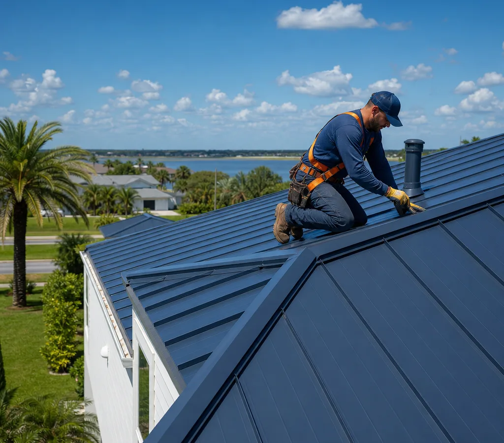 Residential metal roof installation on a Florida home with clean panel lines, a properly installed ridge cap, and finished penetration flashing