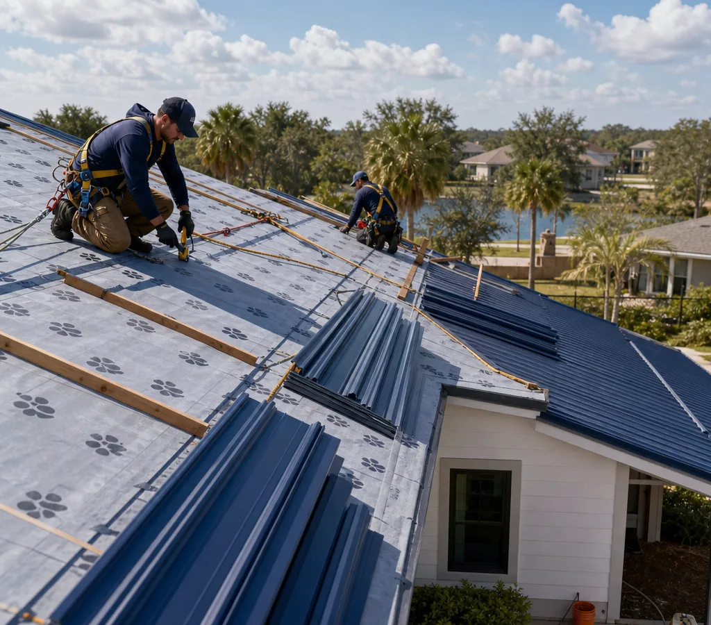 Crew installing a new residential roof on an Orlando home with fall protection in use