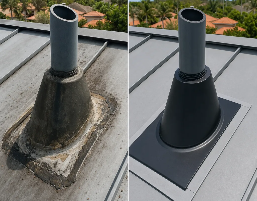 Before-and-after view of a worn roof vent boot rebuilt with new boot and integrated flashing