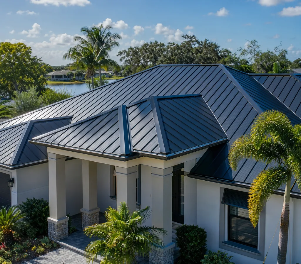 Orlando-area single-family home with a finished residential roof, clean edges, straight courses, and visible flashing in bright Florida daylight