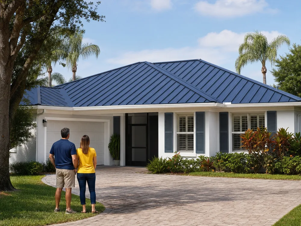 Completed residential reroof with consistent courses and clean ridge and hip finishing viewed from the driveway
