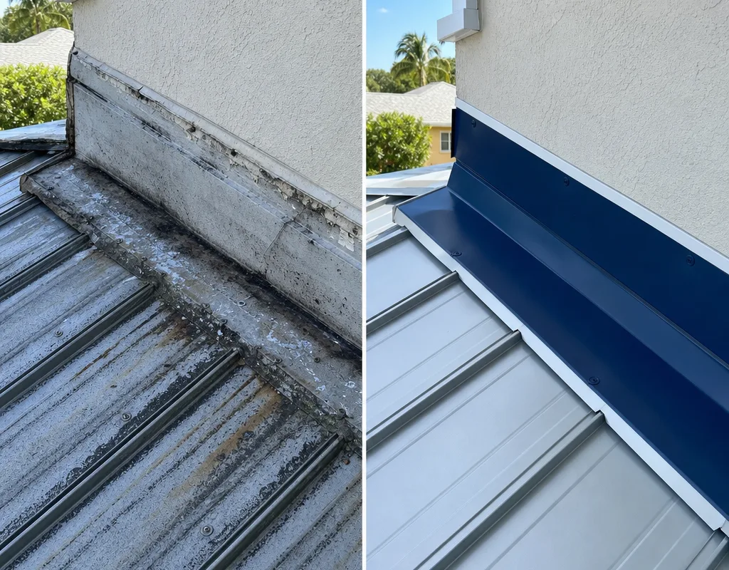 Before-and-after roof transition showing worn flashing and staining replaced by new flashing, underlayment, and a clean tie-in