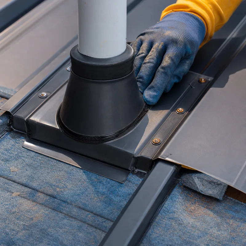 Close-up of properly installed roof flashing around a pipe penetration with visible underlayment, sealant, and clean fastener placement