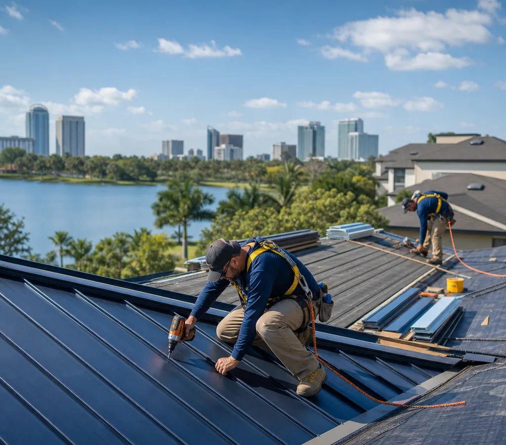 Crew installing new roofing panels on an Orlando-area home with fall protection and neatly staged materials