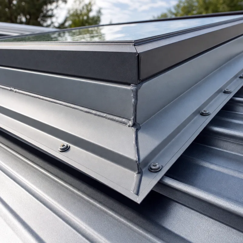 Close-up of correctly lapped skylight curb flashing, sealant, and intact fastener washers on a metal roof