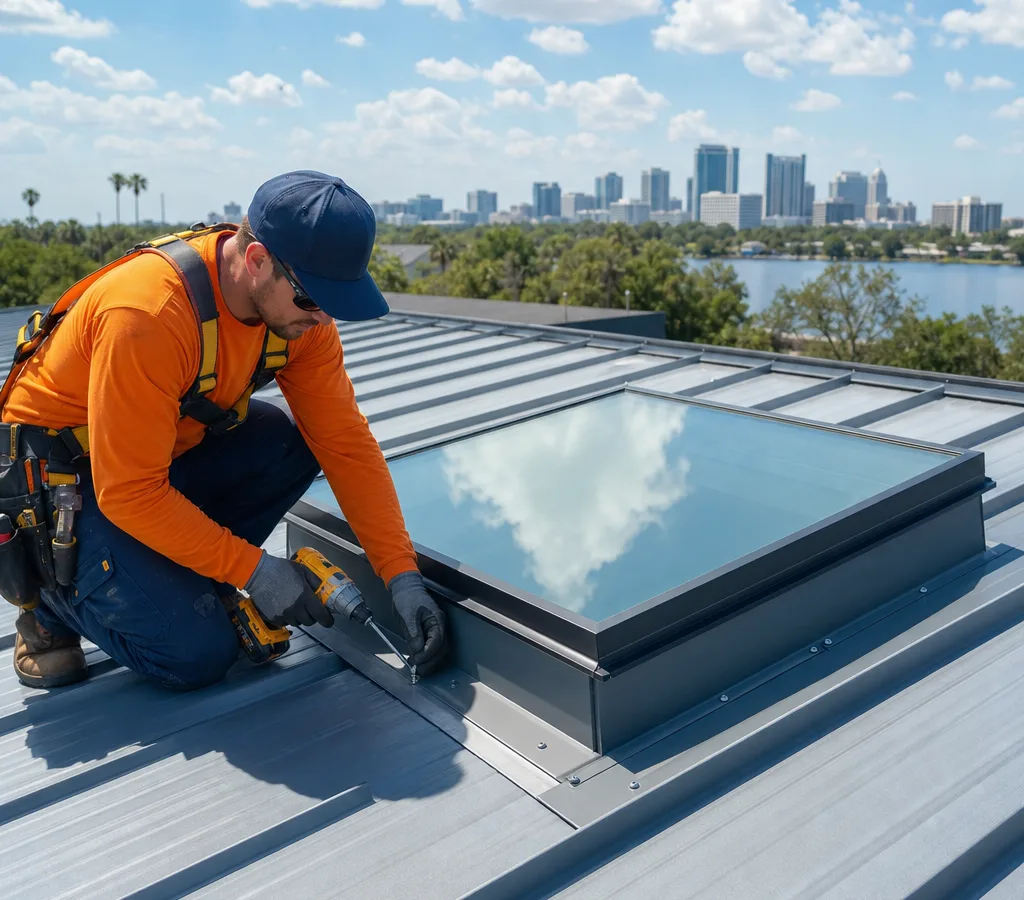 Technician sealing and fastening skylight curb flashing on a metal roof in Orlando