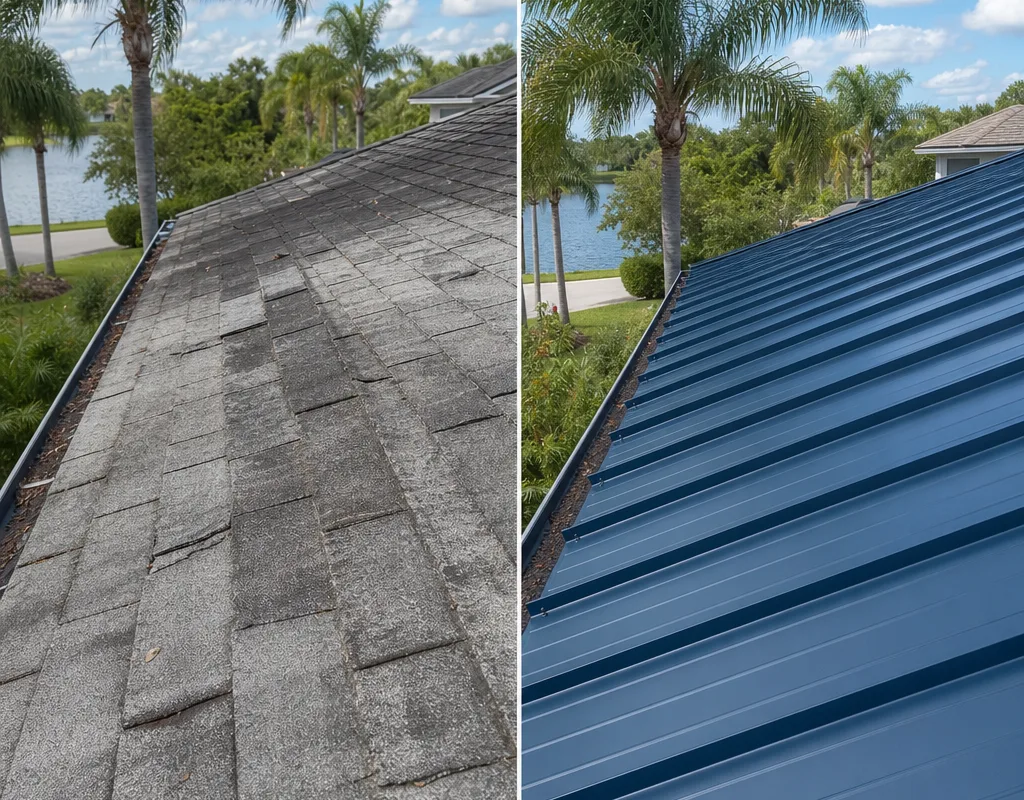 Before-and-after comparison of a worn roof and its completed metal roof replacement