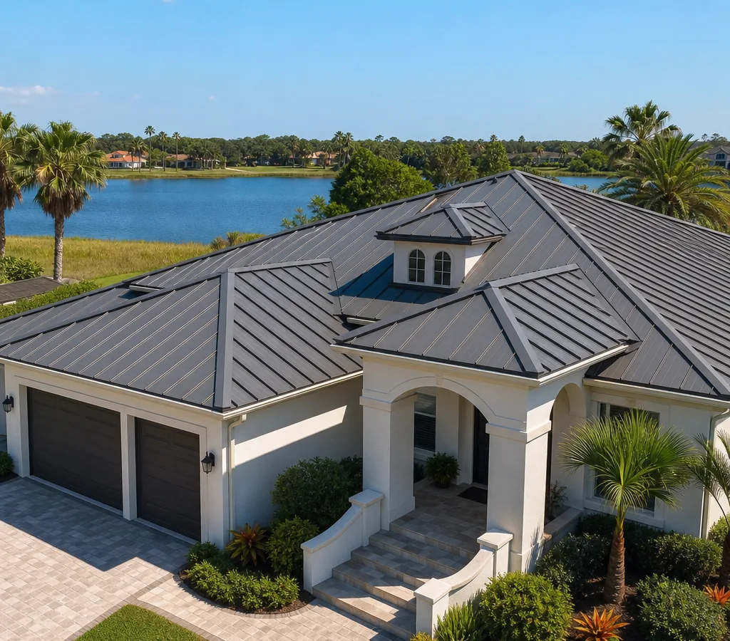 Orlando-area home with a newly installed standing seam metal roof showing clean panels, ridge, and flashing lines