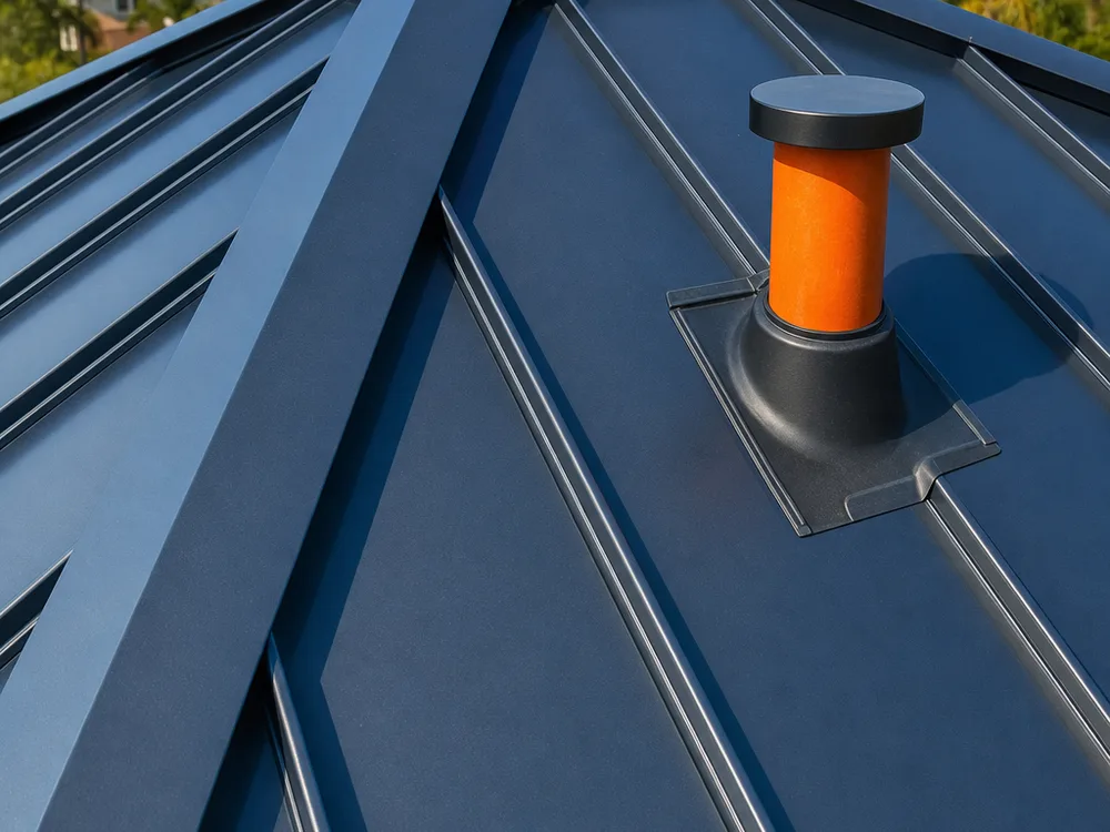 Close-up of standing seam roof panels, ridge cap, and integrated flashing at a vent penetration