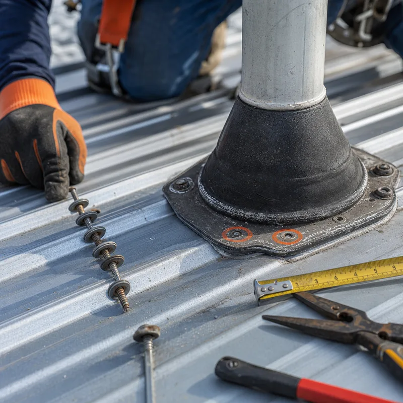 Aged pipe boot and backed-out screws marked for repair along a metal roof fastener line