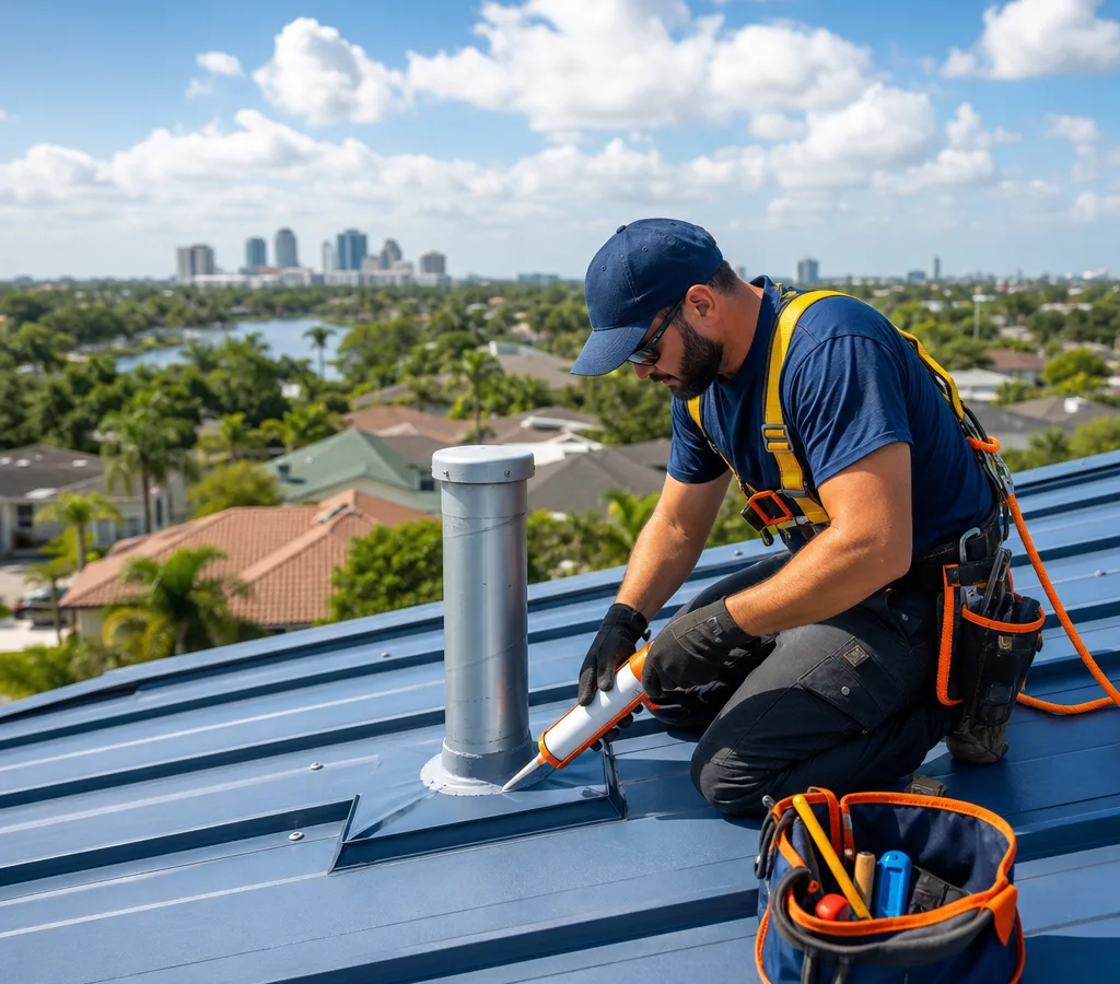 Technician wearing safety gear inspecting fasteners and sealing a penetration on a residential metal roof in Orlando