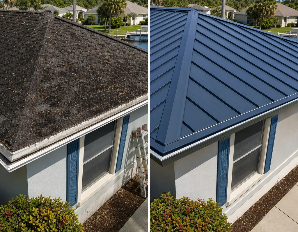 Before-and-after comparison of an older shingle roof replaced with metal roofing, showing improved edge metal and ridge cap