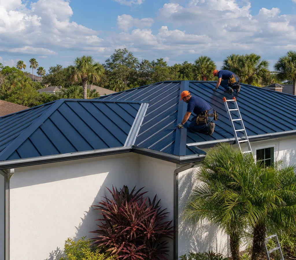 Residential metal roof installation on an Orlando home with crisp standing seam lines, a clean ridge cap, and detailed wall and valley flashing