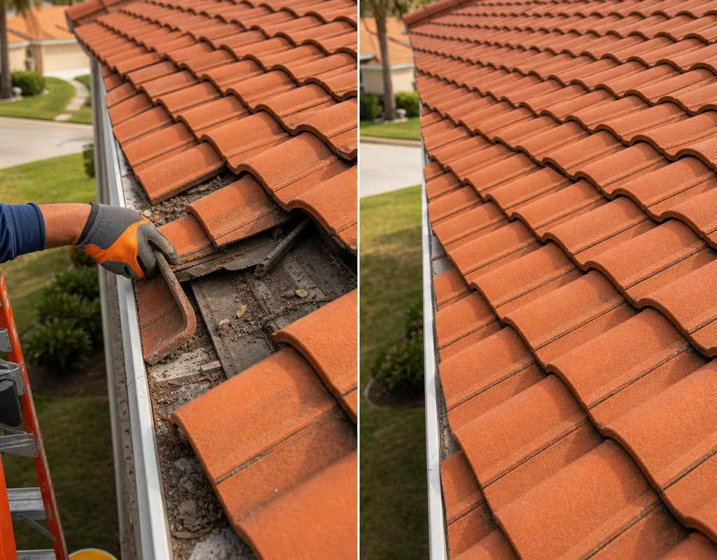 Before and after view of slipped roof tiles corrected with aligned courses and properly seated tiles