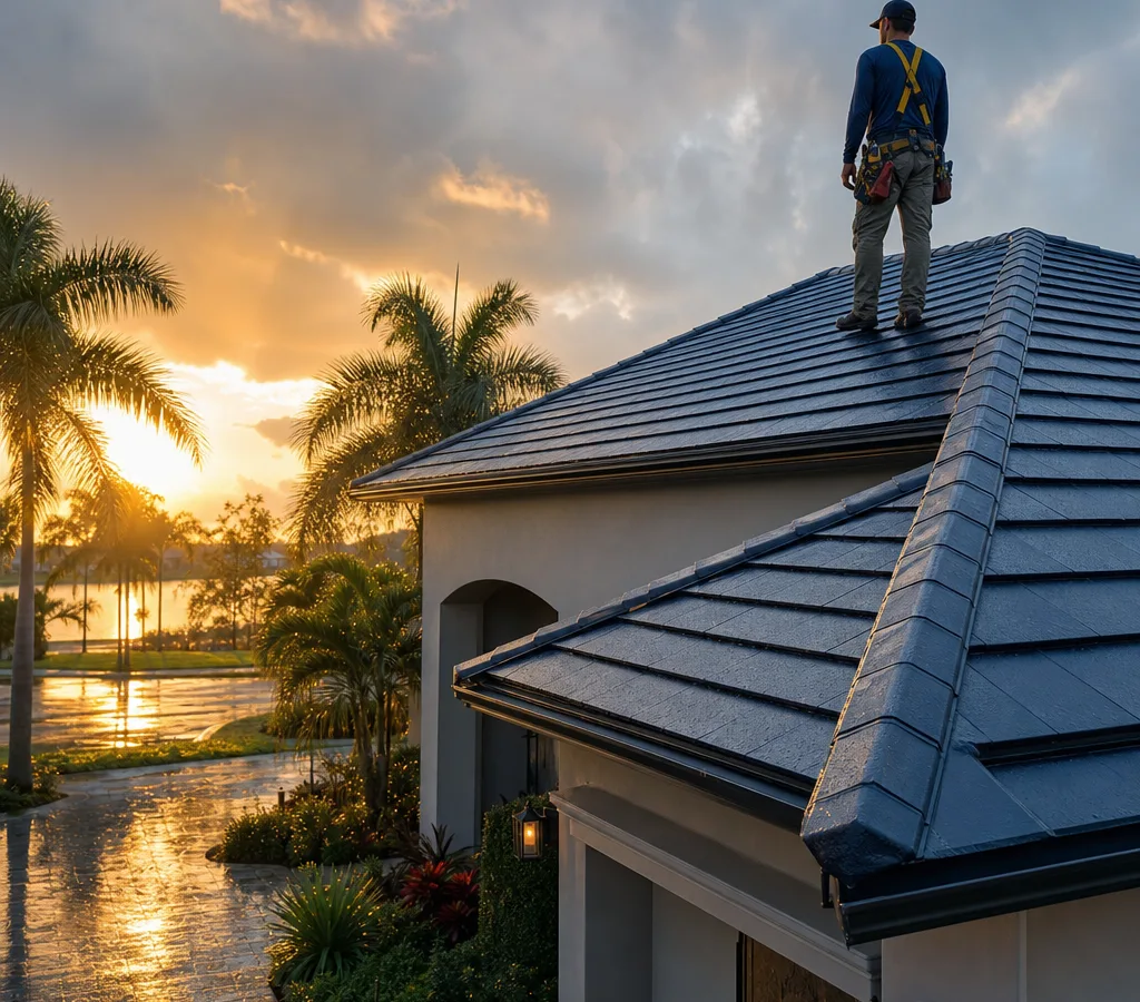 Orlando home with a concrete tile roof, clean roof planes, ridge lines, and palm trees after rain