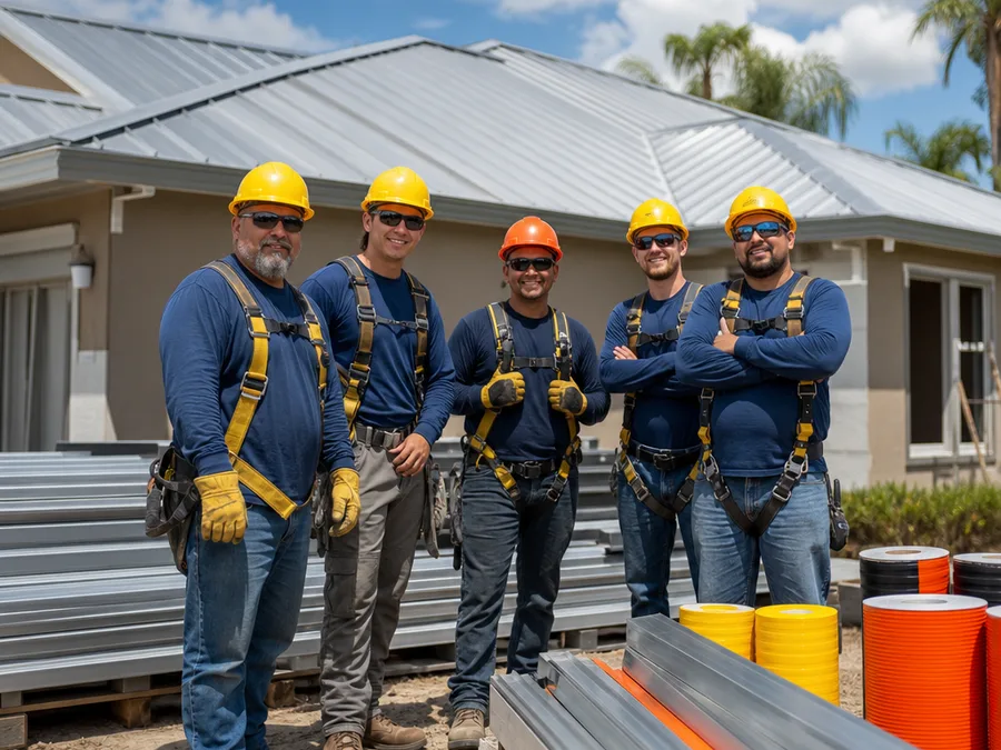 Metal Roof Orlando team with safety gear and neatly staged roofing materials